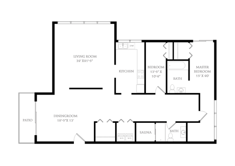 Floor plan for 2 beds, 1.5 baths, 1850 sqft